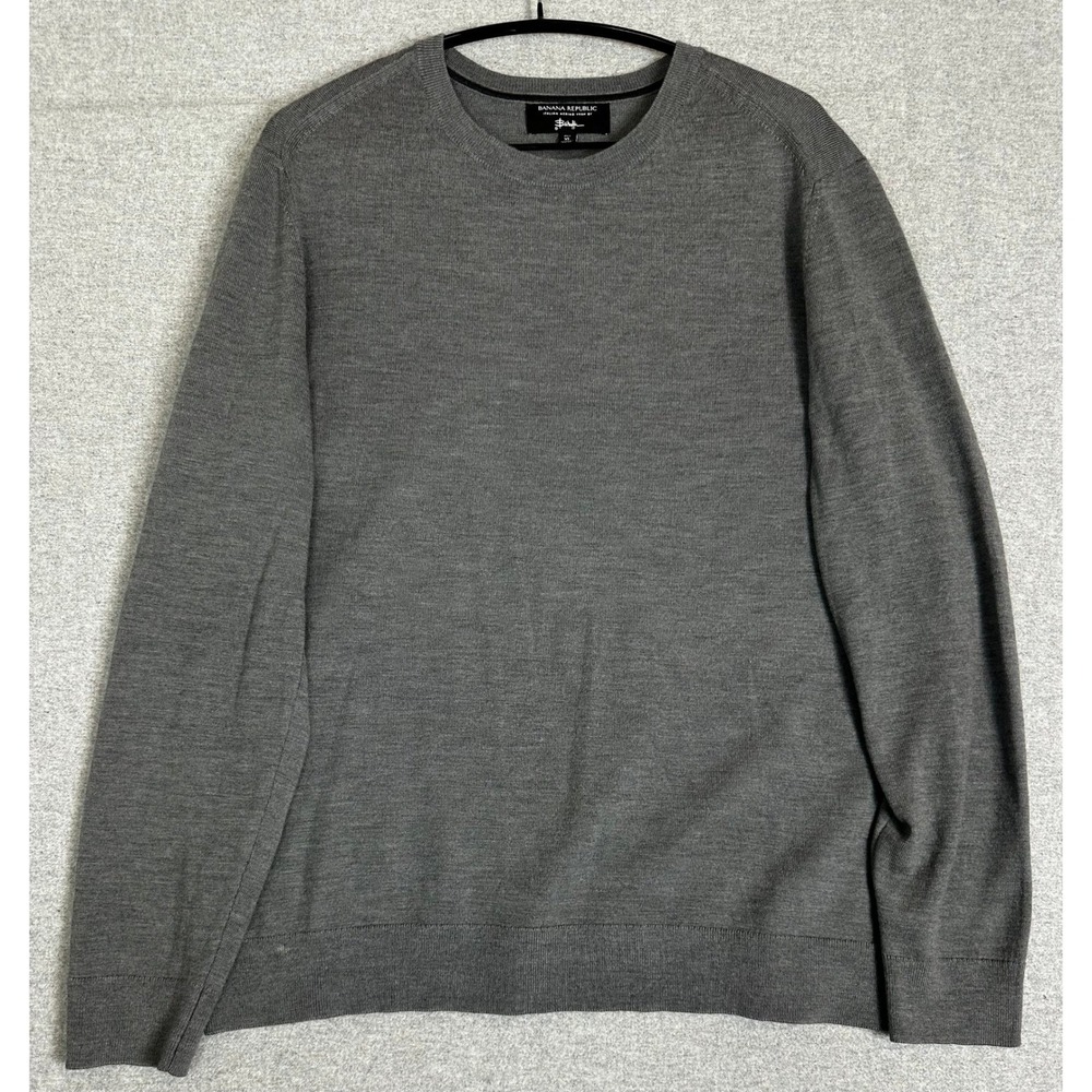 Banana Republic Sweater Mens XL Gray Baruffa Italian Merino Yarn Crew Neck